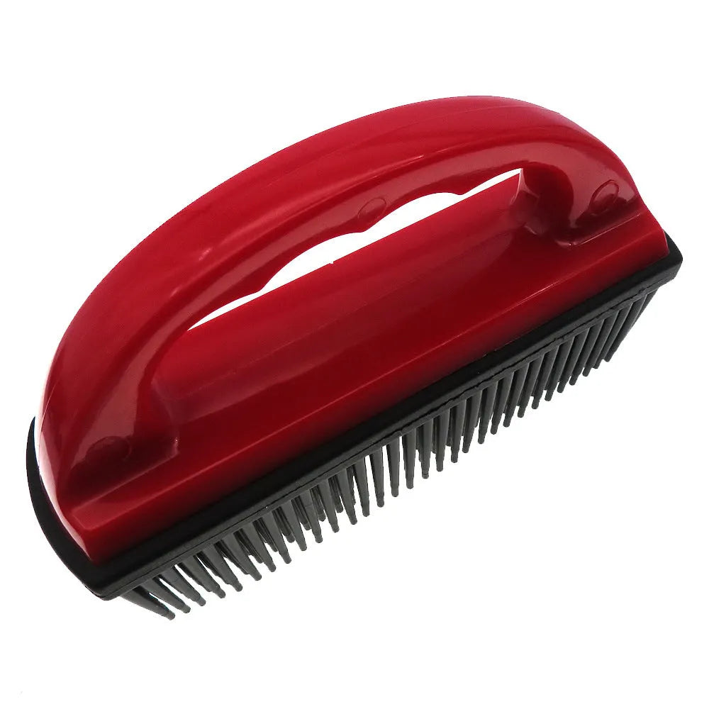 Red pet hair removal brush for bath massage and carpet cleaning measuring 160mm by 85mm