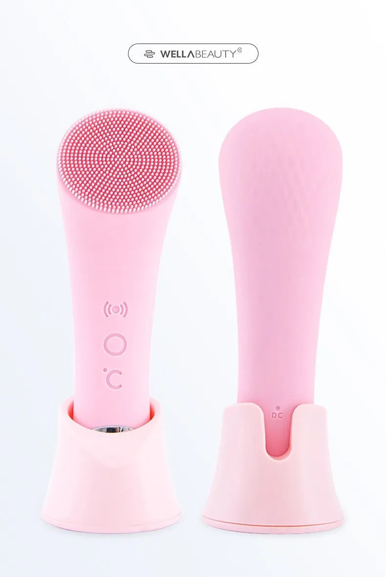 Pink electric silicone face cleansing brush with vibration and heating functions, USB rechargeable