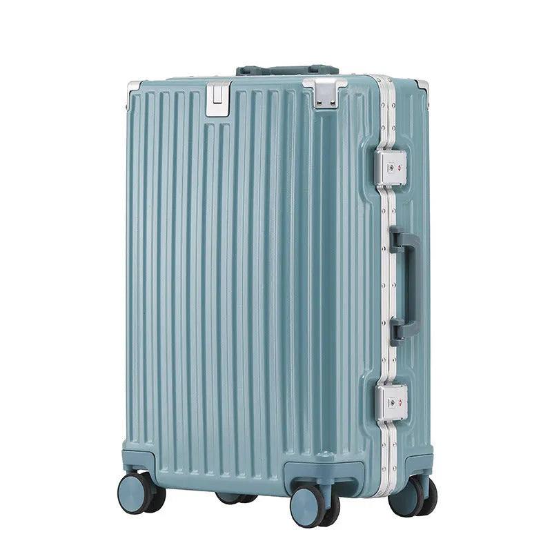Hard-shell aluminium frame suitcase in avocado green colour with USB port and universal wheels.