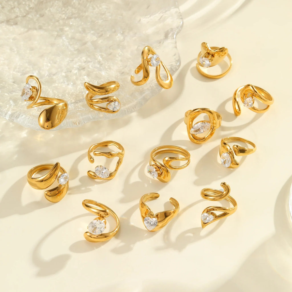 Adjustable stainless steel geometric zircon ring for women in various electroplated colours.