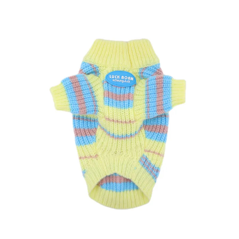 Blue and yellow striped wool dog sweater for small breeds on size chart