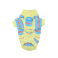 Blue and yellow striped wool dog sweater for small breeds on size chart