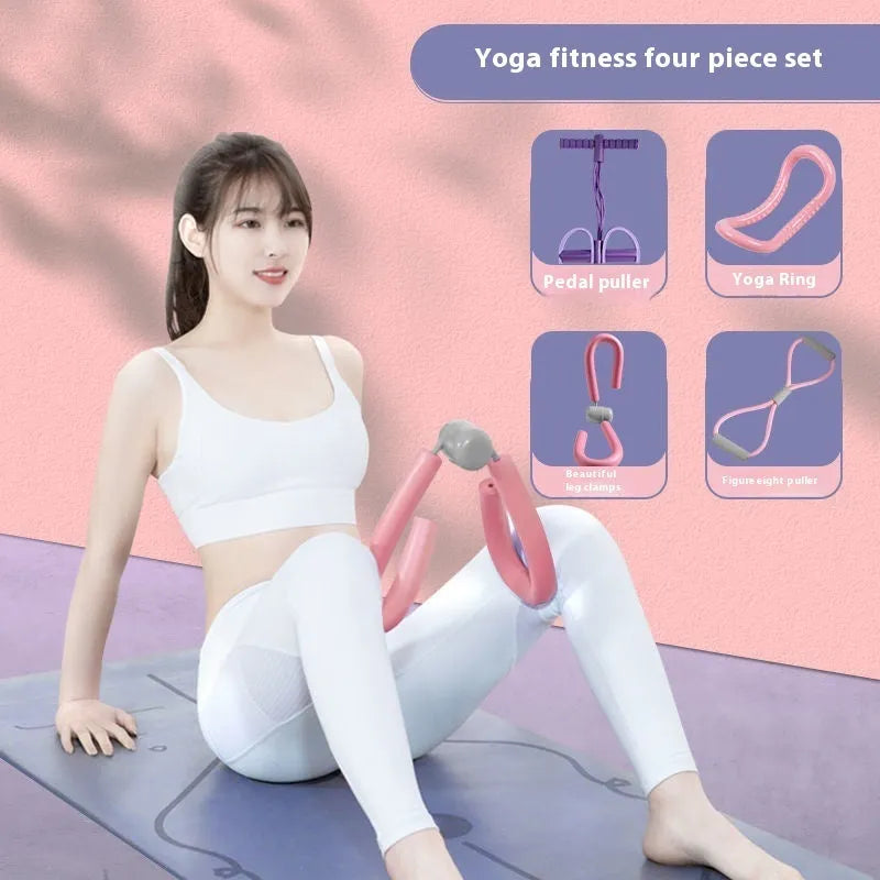 Yoga four piece fitness set showing leg beauty device, yoga ring, pedal tension device and eight character tension rope