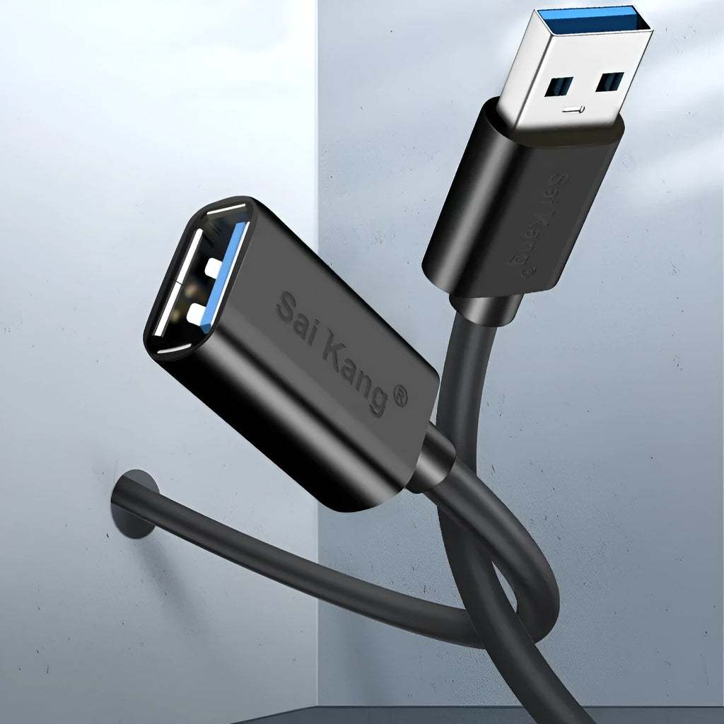 Black USB extension cable male to female connector with aluminium foil and mesh double-layer shielding