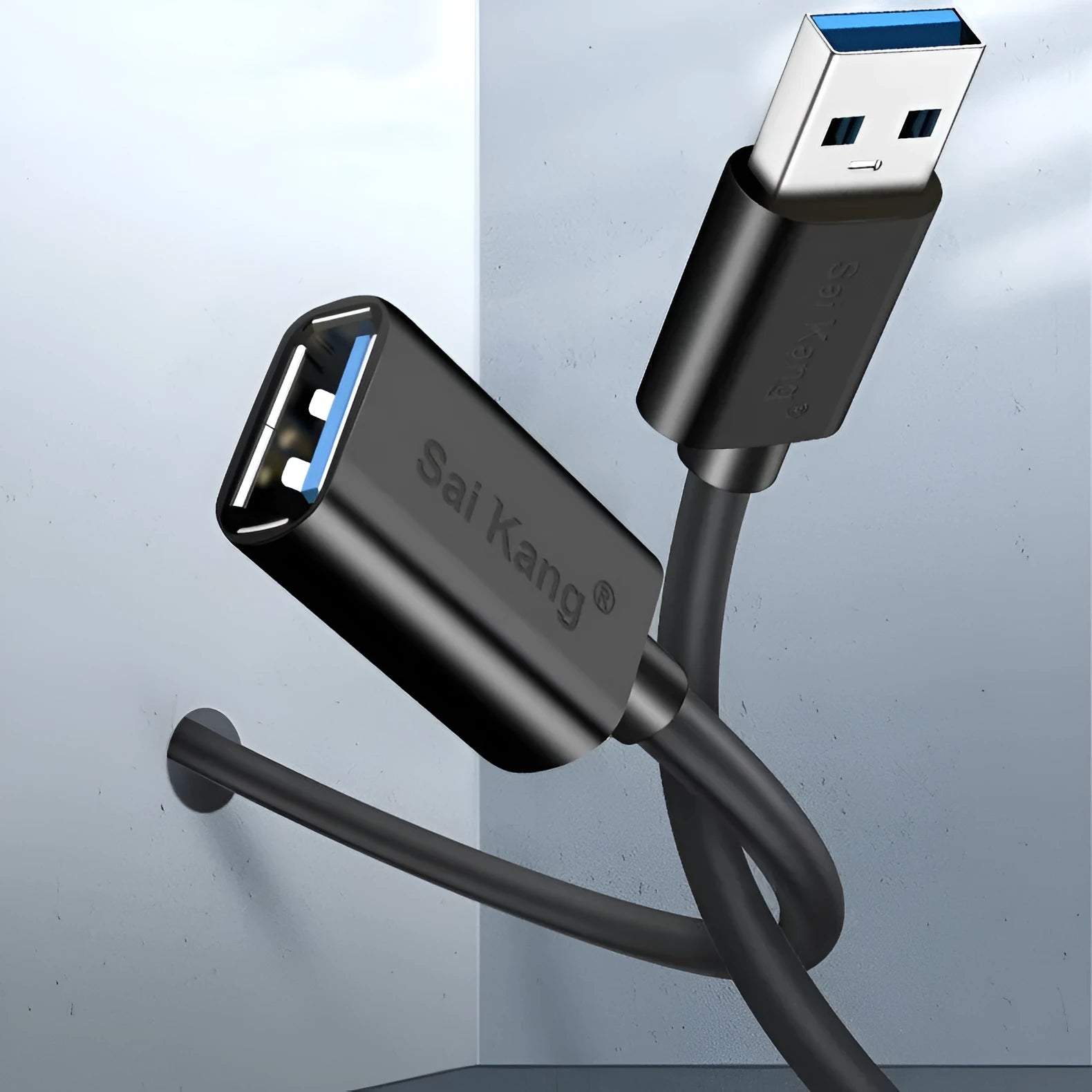 Black USB extension cable male to female connector with aluminium foil and mesh double-layer shielding