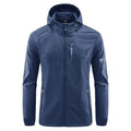 Man wearing a lightweight grey hooded nylon summer jacket for sun protection.