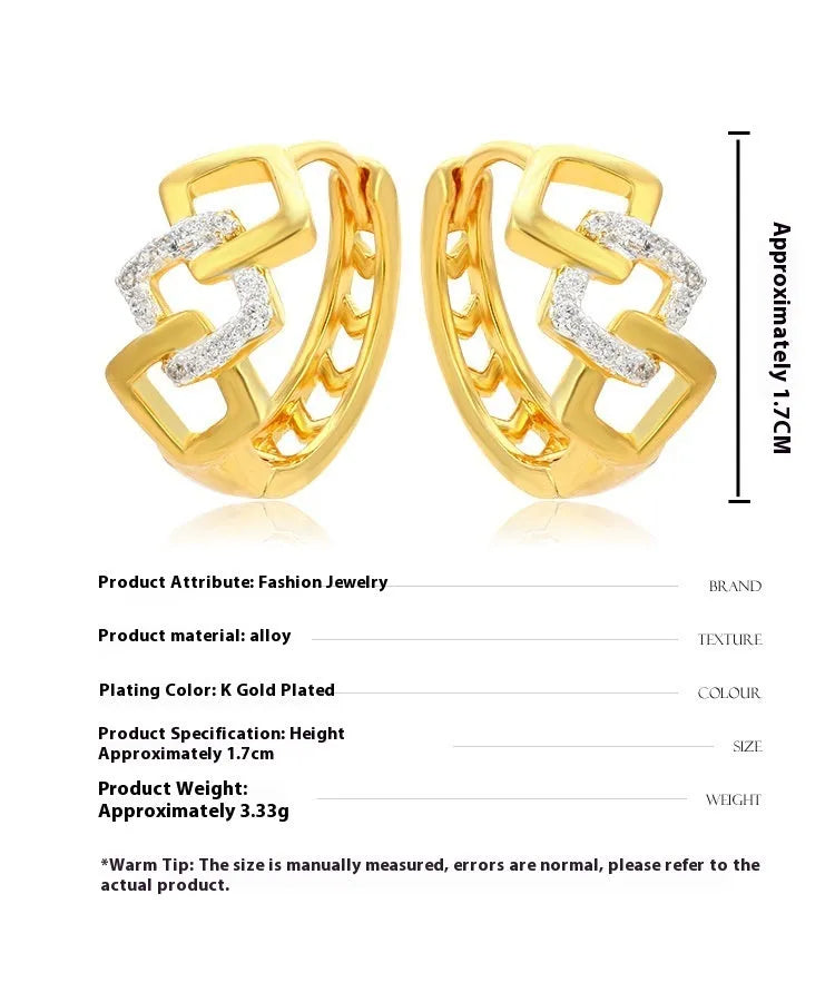 Gold geometric hollow-out earrings with alloy construction and colour separation clip