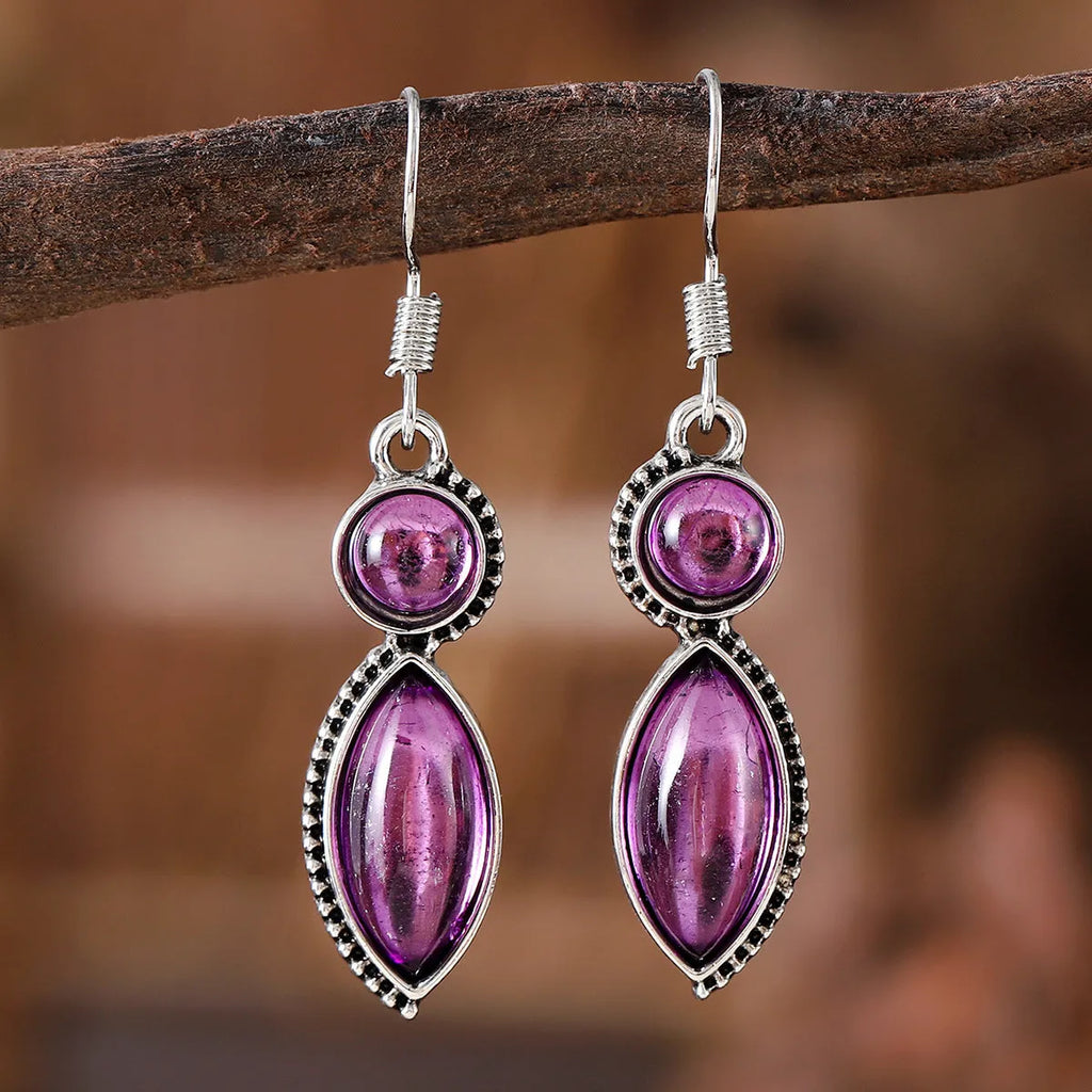 Vintage geometric pendant earrings with black and purple colours and Bohemian design