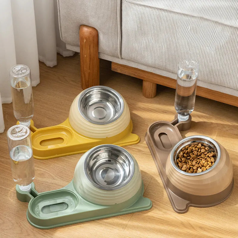 Brown elevated cat food bowl with automatic water dispenser bottle