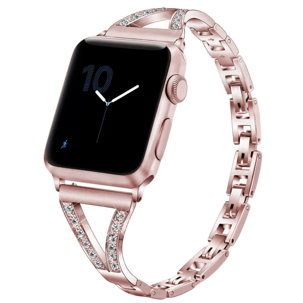 Silver herringbone diamond pattern metal band for Apple Watch on a wrist, showing adjustable links.