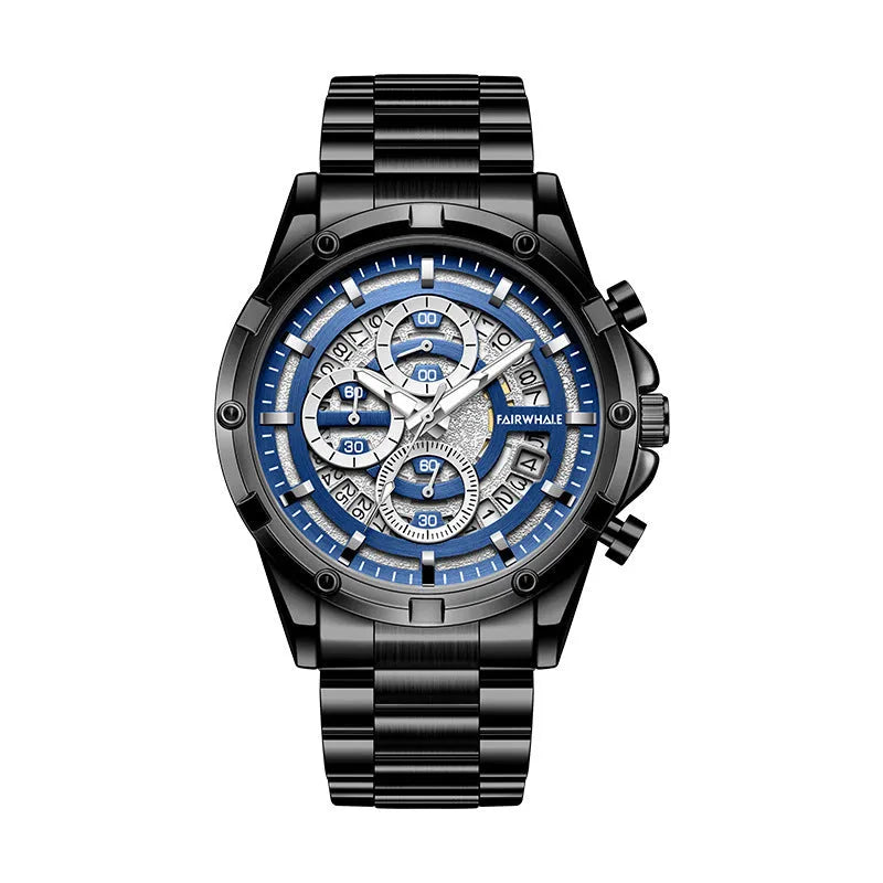 Men's waterproof luminous quartz watch with steel belt in three colour options