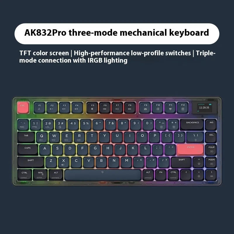 AJAZZ AK832PRO mechanical keyboard with colour screen showing blue lighting on PBT keycaps