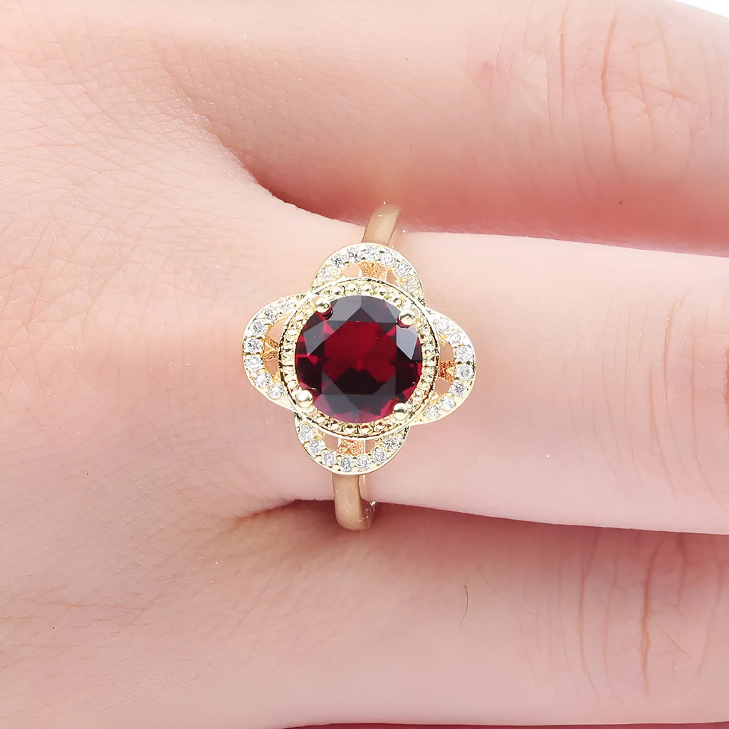 Copper ring with fruit-shaped zircon design in electroplated finish showing sizes 7, 8, 9 options