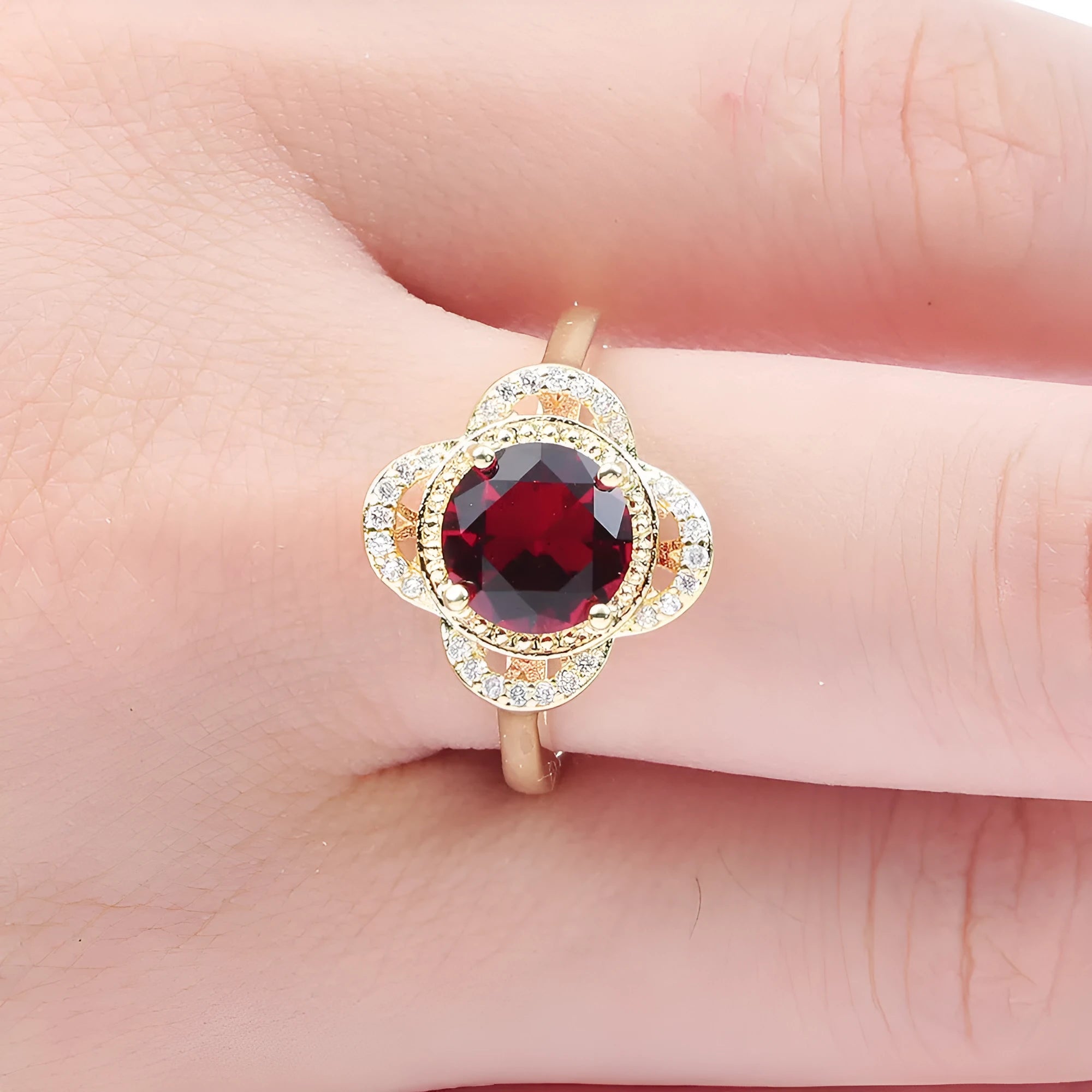 Copper ring with fruit-shaped zircon design in electroplated finish showing sizes 7, 8, 9 options