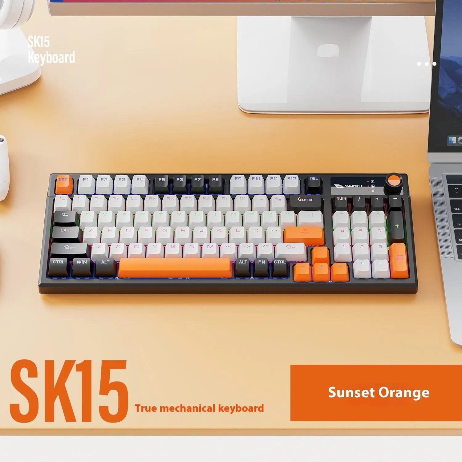 SK15 wired mechanical gaming keyboard with adjustable control knob in sunset orange colour
