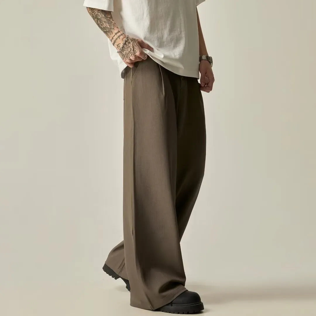 Men's solid colour vertical tube wide-leg trousers with button fly and straight-leg design
