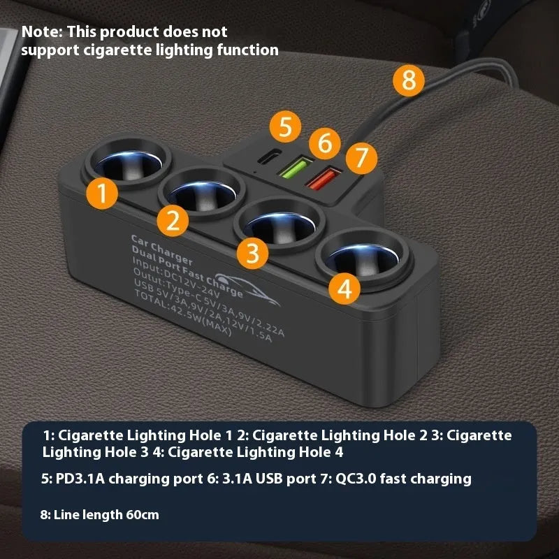 Car-mounted multi-function fast charging cigarette lighter with dual USB PD ports