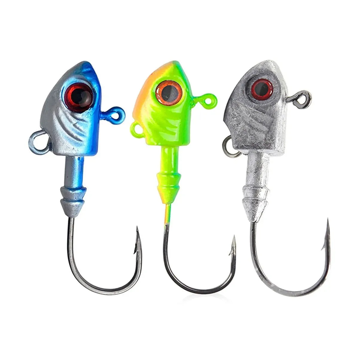 Simulation Yayu shaped lead head fishing jig hooks in blue, silver, yellow colours on a tackle background.