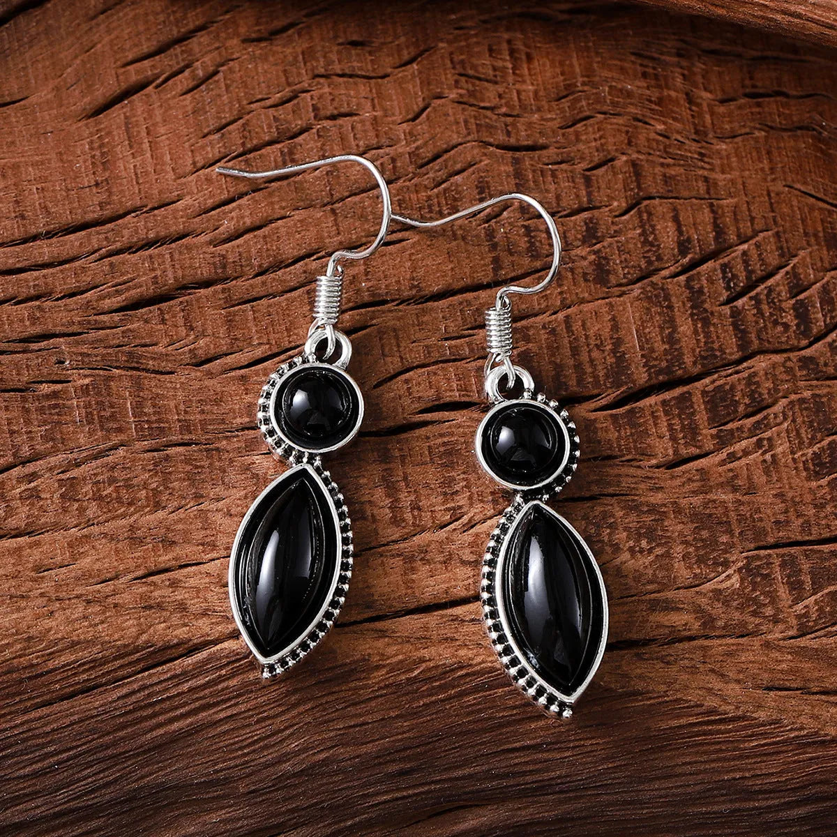 Vintage geometric pendant earrings with black and purple colours and Bohemian design