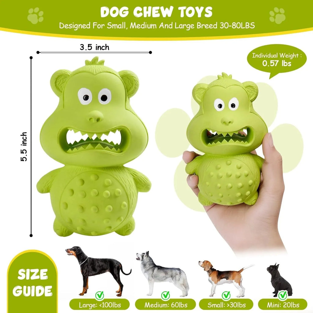 Green and yellow thick natural rubber dog toy with squeaker for aggressive chewers.