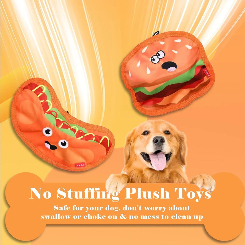 Four colourful dog toys shaped like hamburger, fries, hot dog and pizza with crinkle and squeak features