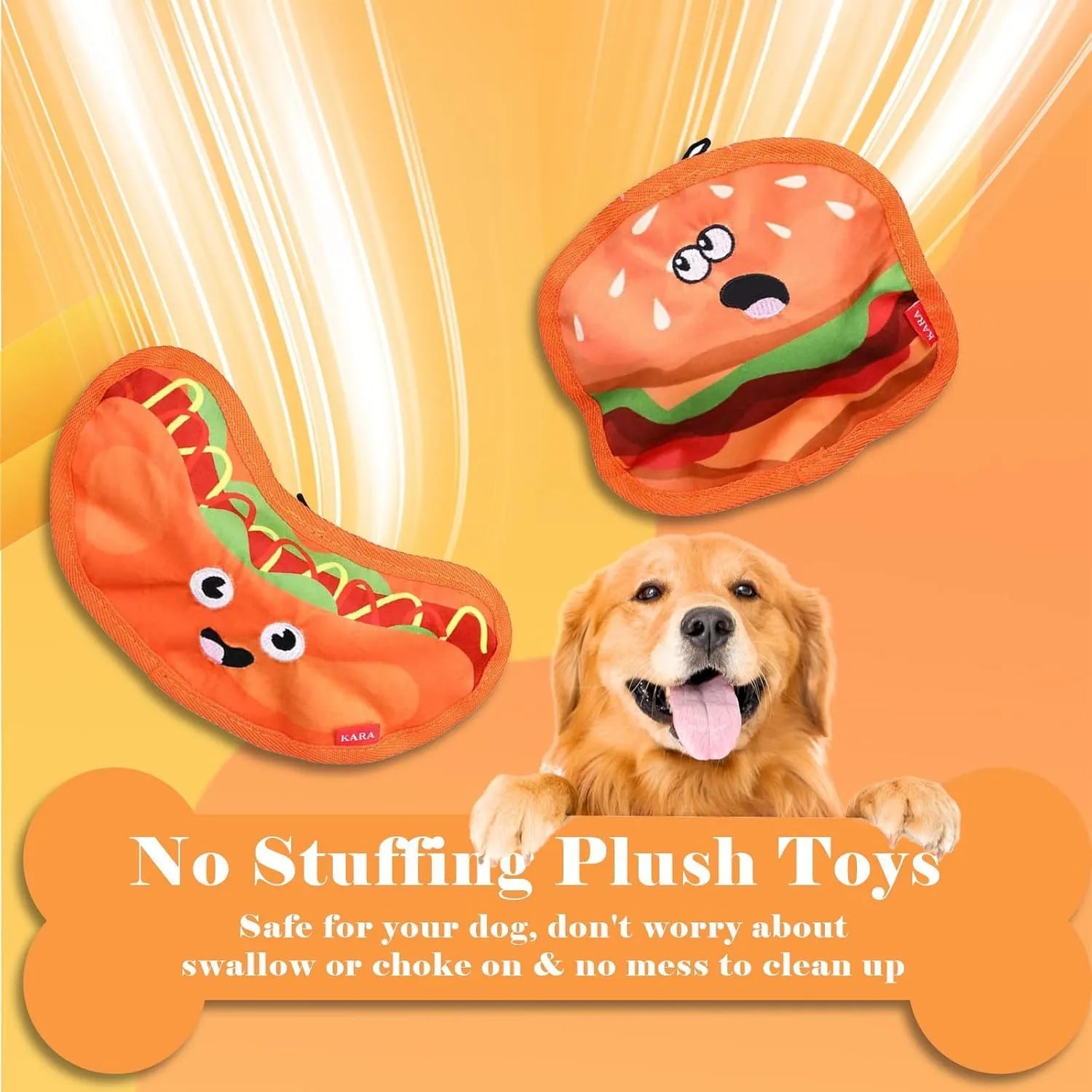 Four colourful dog toys shaped like hamburger, fries, hot dog and pizza with crinkle and squeak features