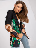 Leopard print slim fit long suit jacket for women, medium length 65cm, black with contrast colour, front pocket, street fashion style