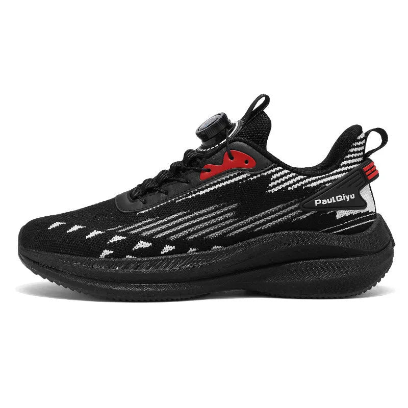 Men's black casual sports shoes with rotating buckle and fly-knit mesh upper