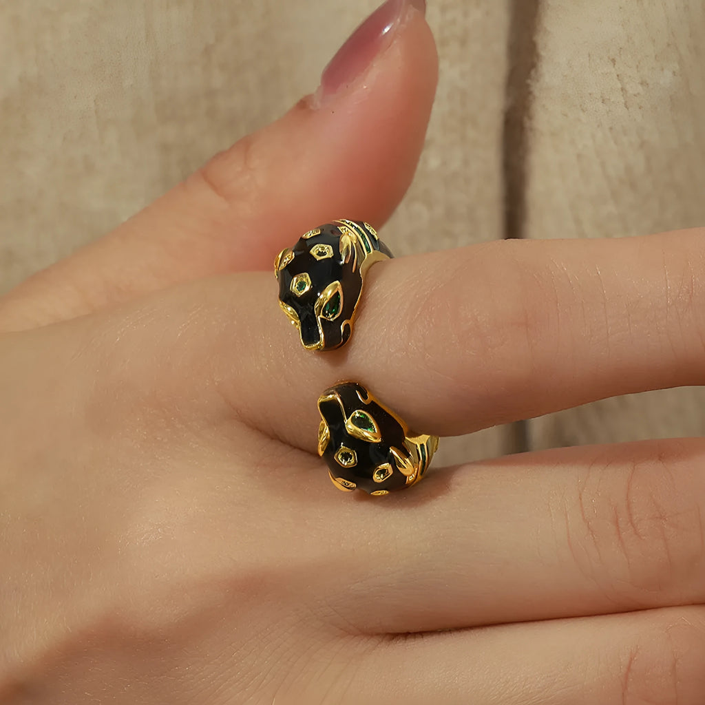 Women's black cheetah print open geometric ring in size 7