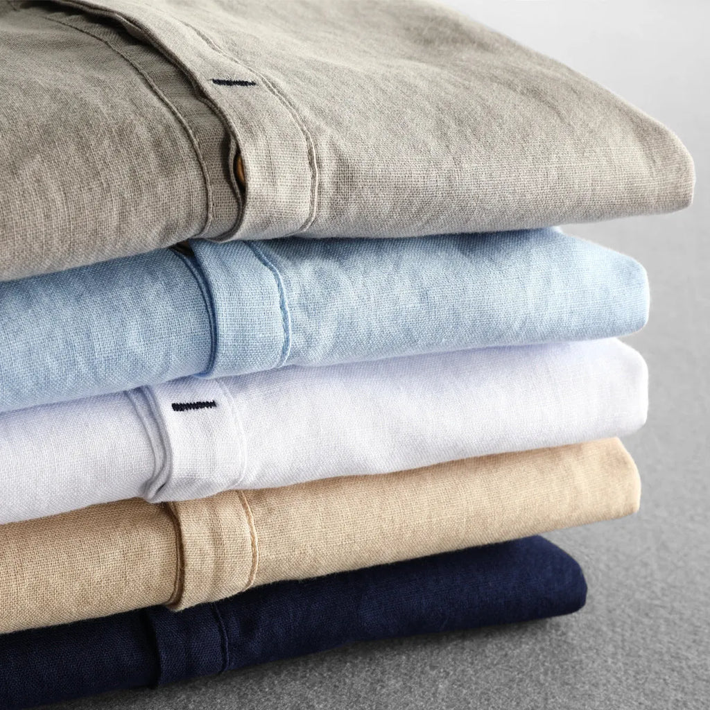 Men's casual loose long sleeves linen shirt solid colour light gray front view