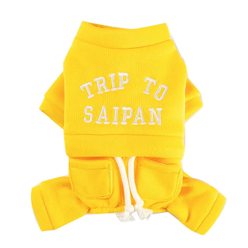Green fleece puppy hoodie on a small dog, four-legged design with hood for autumn winter warmth