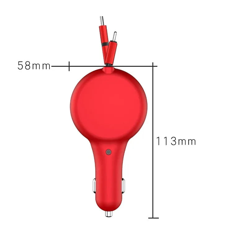 Black retractable dual-port car charger with extended cables next to smartphone