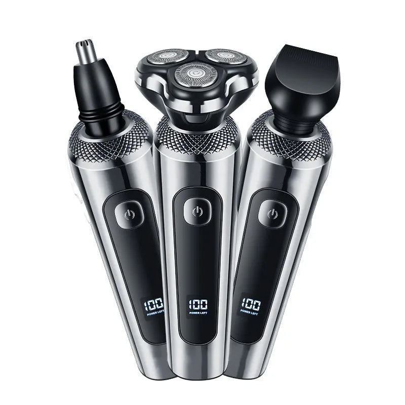 Digital USB rechargeable beard scraper with LED display and floating cutter head on charging base