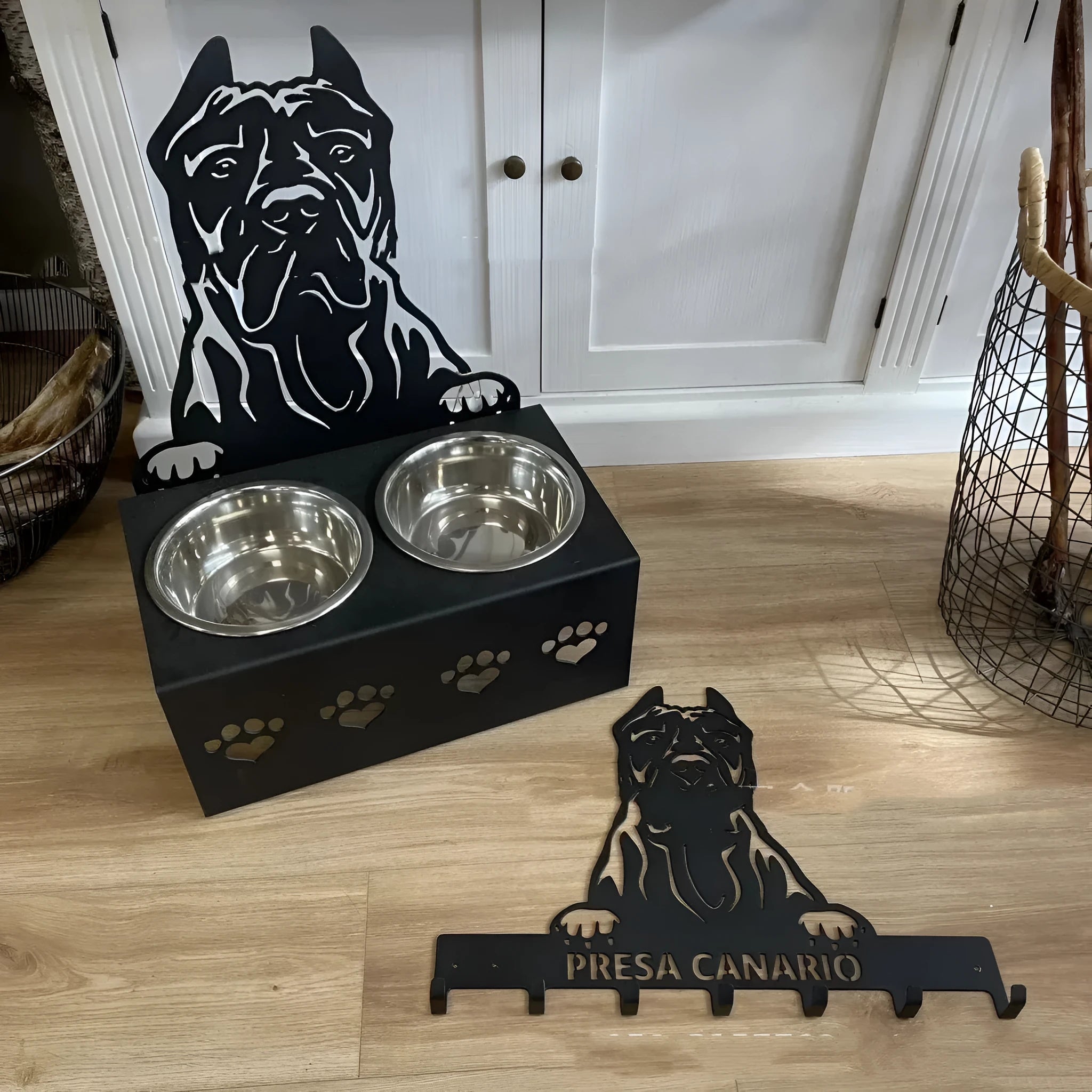 Personalised dog bowl holder with custom name engraving in 304 stainless steel