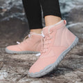 Waterproof outdoor snow boots with fleece lining, rubber soles, and lace-up front in black, khaki, or pink colours
