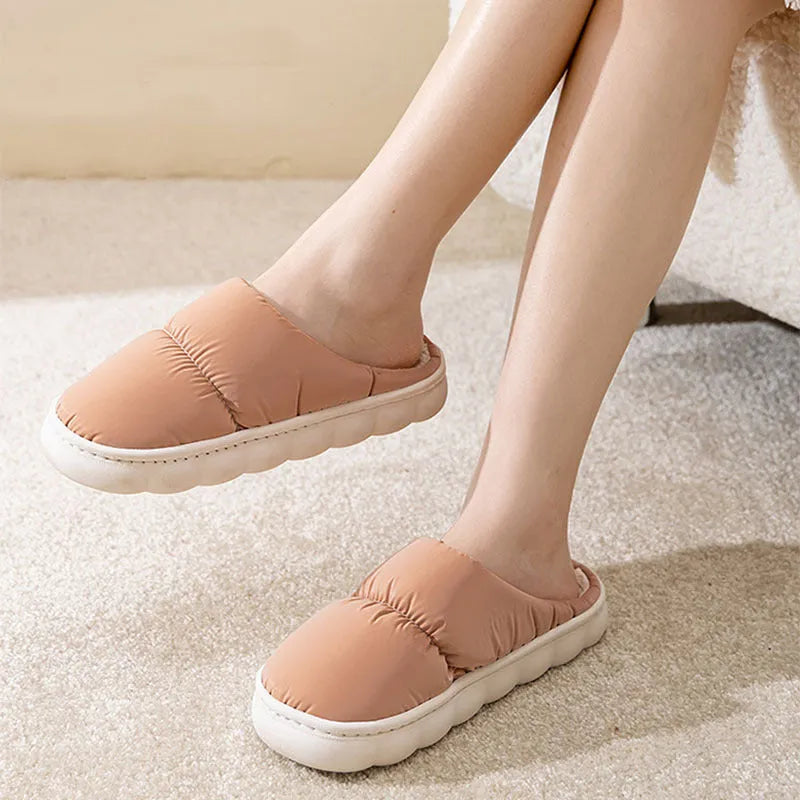 Blue winter house slippers with artificial leather upper, plush lining, and thick rubber anti-slip sole.
