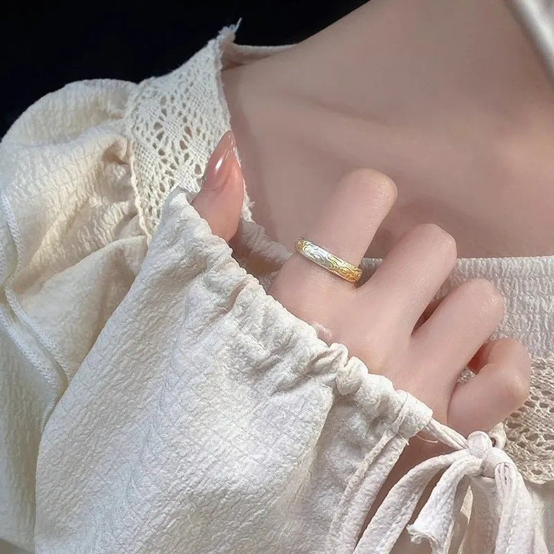 White copper adjustable ring with geometric design and Xiangyun pattern in silver tone finish
