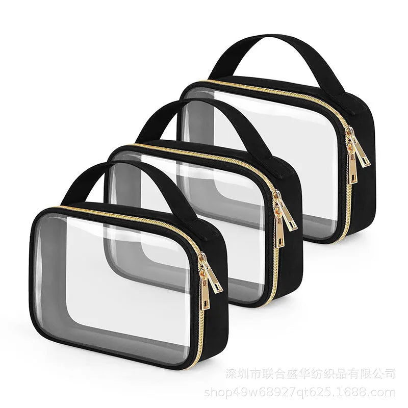 Transparent PVC wash bag with a chain strap in various colours for lipstick and toiletry storage.