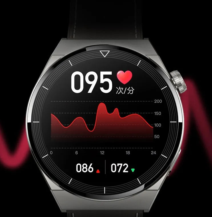 Black Android smart watch with round 1.36-inch screen showing interface, silicone band, Bluetooth and NFC features
