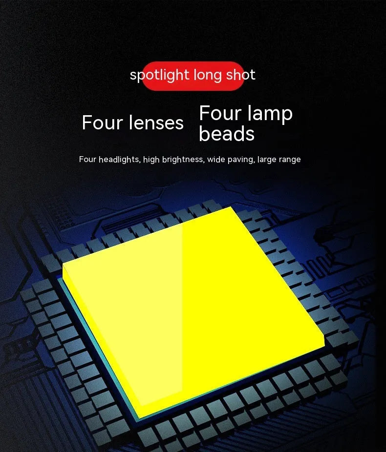Four-eye automotive headlight with aluminium mounting base, showing four-leaf clover light pattern