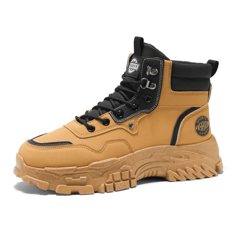 Men's black and yellow Martin work boots showing mid-calf height and stout heel.