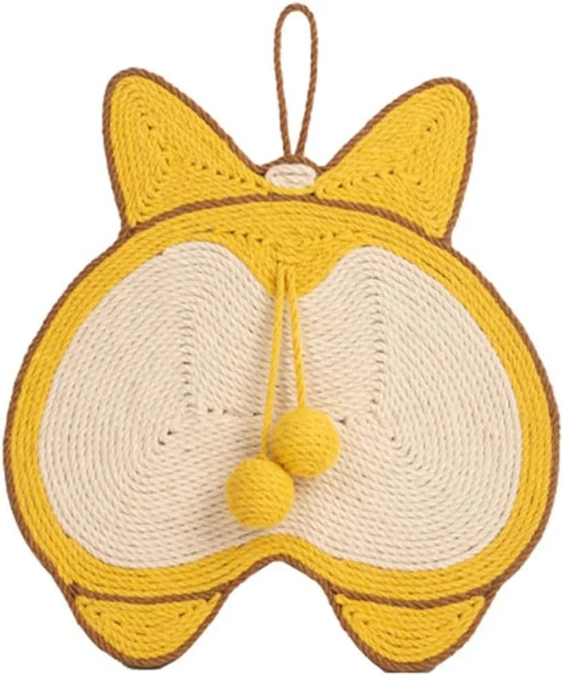 Yellow corgi butt design cat scratching pad made from natural sisal with anti-slip base