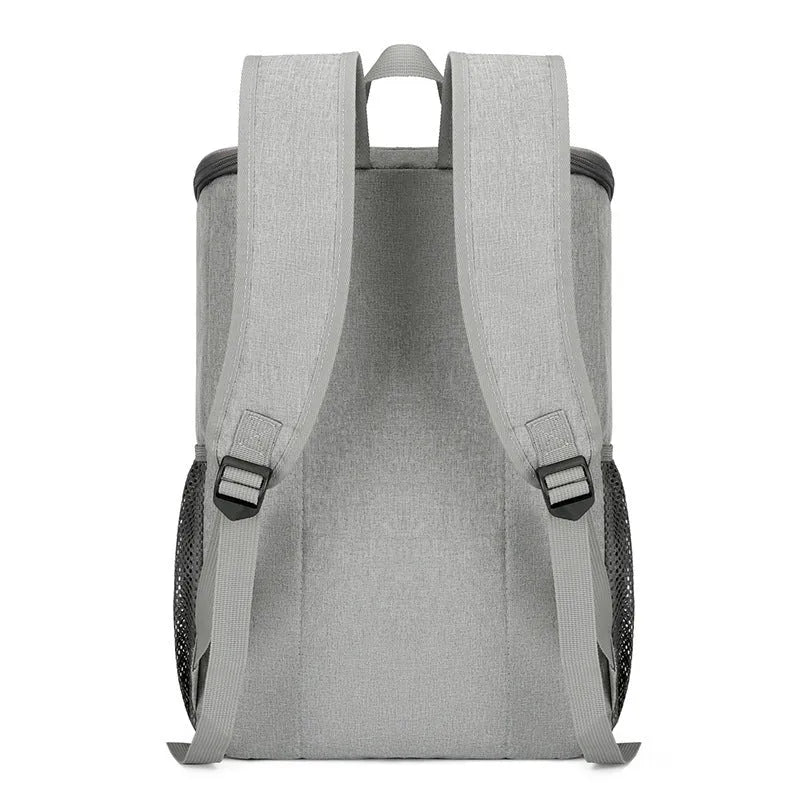 Large black outdoor thermal picnic backpack with curved shoulder straps on a gray background.