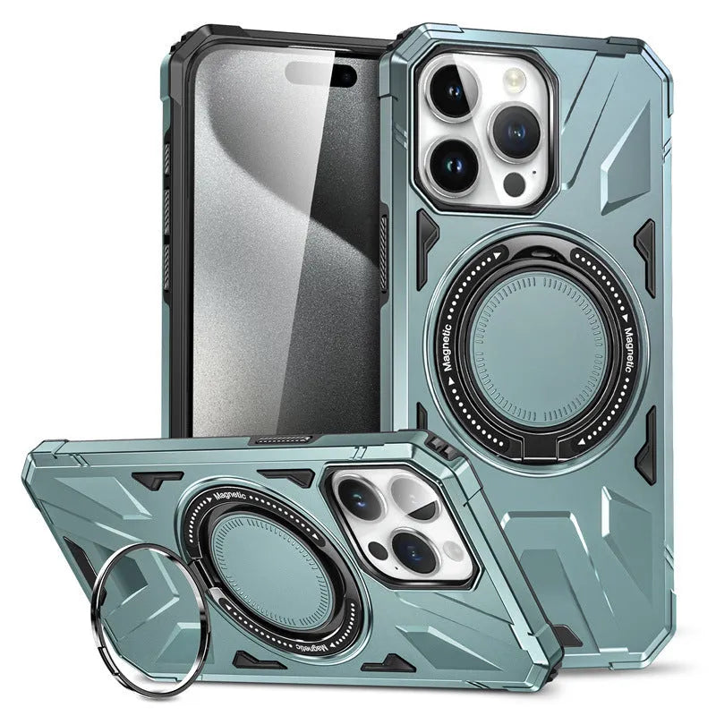 Simple bracket drop-resistant magnetic phone case for iPhone 13-16 series, TPU PC back cover with invisible bracket and magnetic suction, available in black