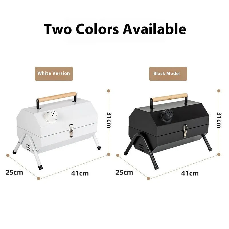 White round chimney portable folding grill with carbon tanks and grilling mesh for outdoor cooking