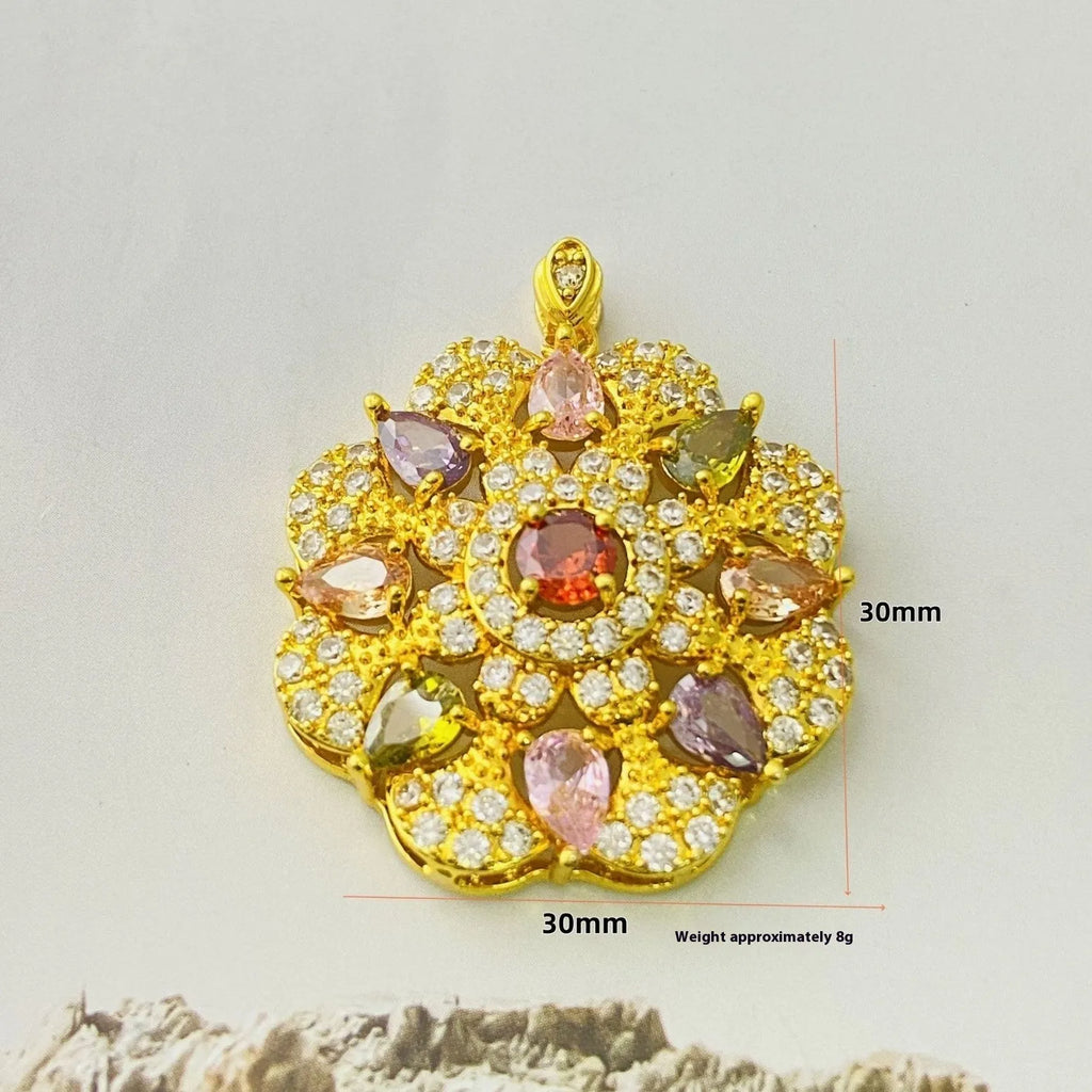 Close-up of a women's colourful zircon flower pendant necklace with a gold electroplated finish on a model.