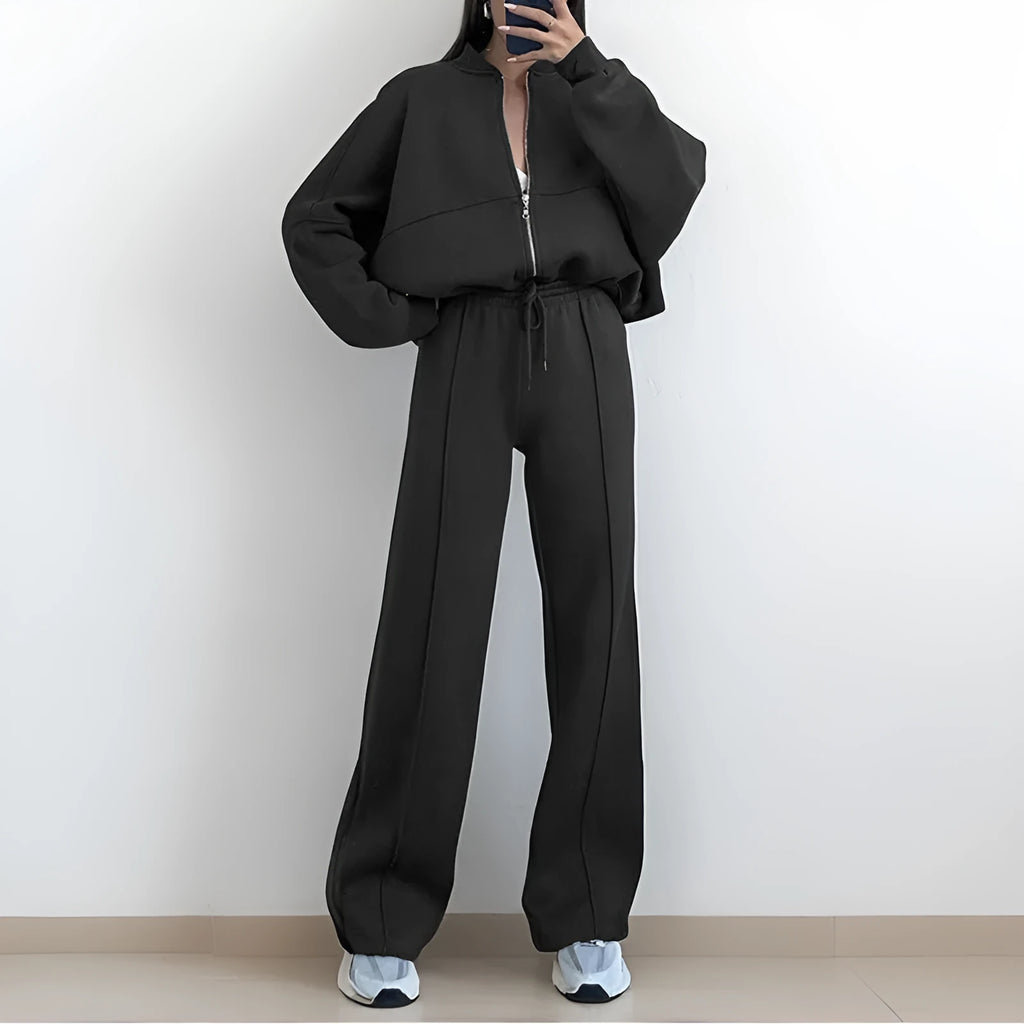 Women's casual suit set in loose fit, solid colour, polyester fabric, top and pants matching set