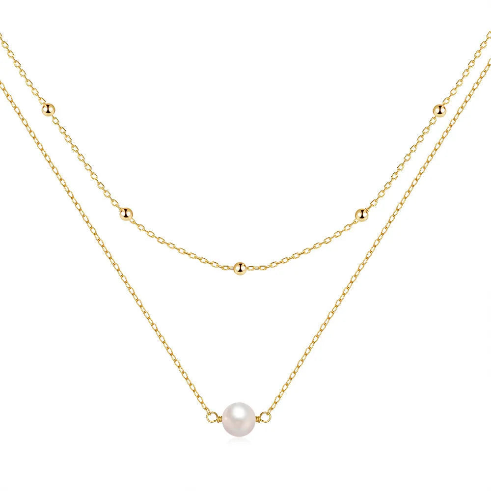 S925 sterling silver double layer necklace with geometric twin pearl pendant on a ball bead chain.