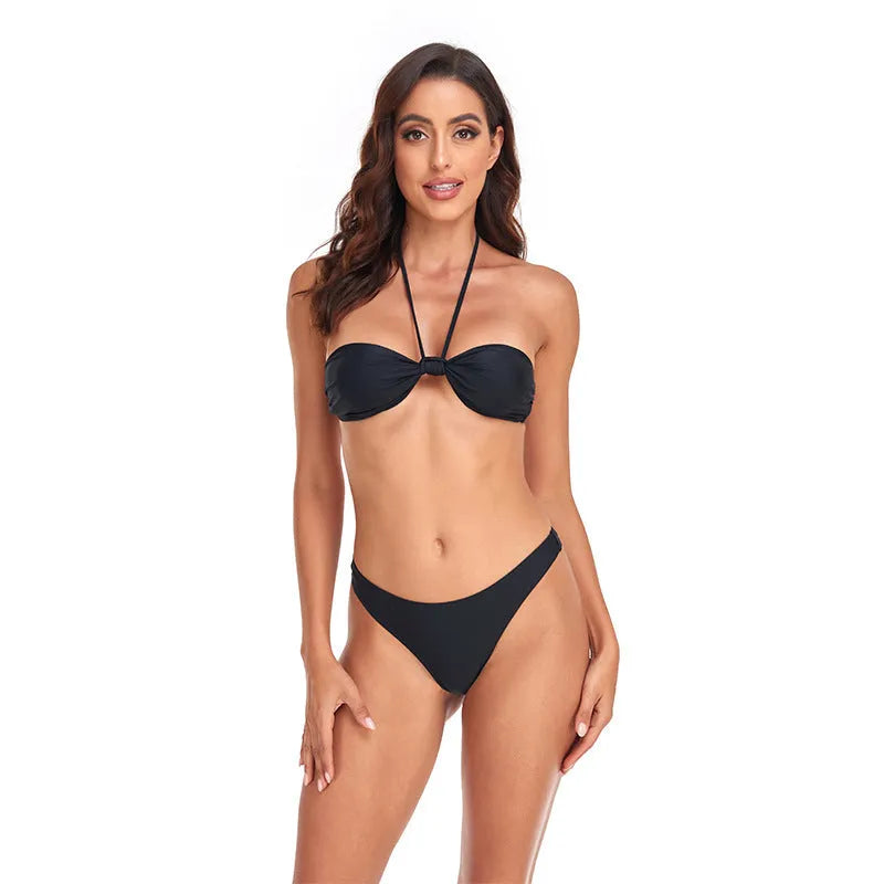 Black polyester women's bikini set with lace-up tube top and matching briefs swimwear