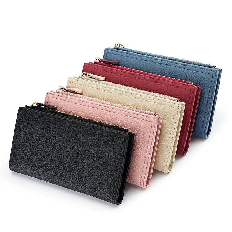 Women's cowhide anti-magnetic long wallet in black with multiple card slots and RFID blocking